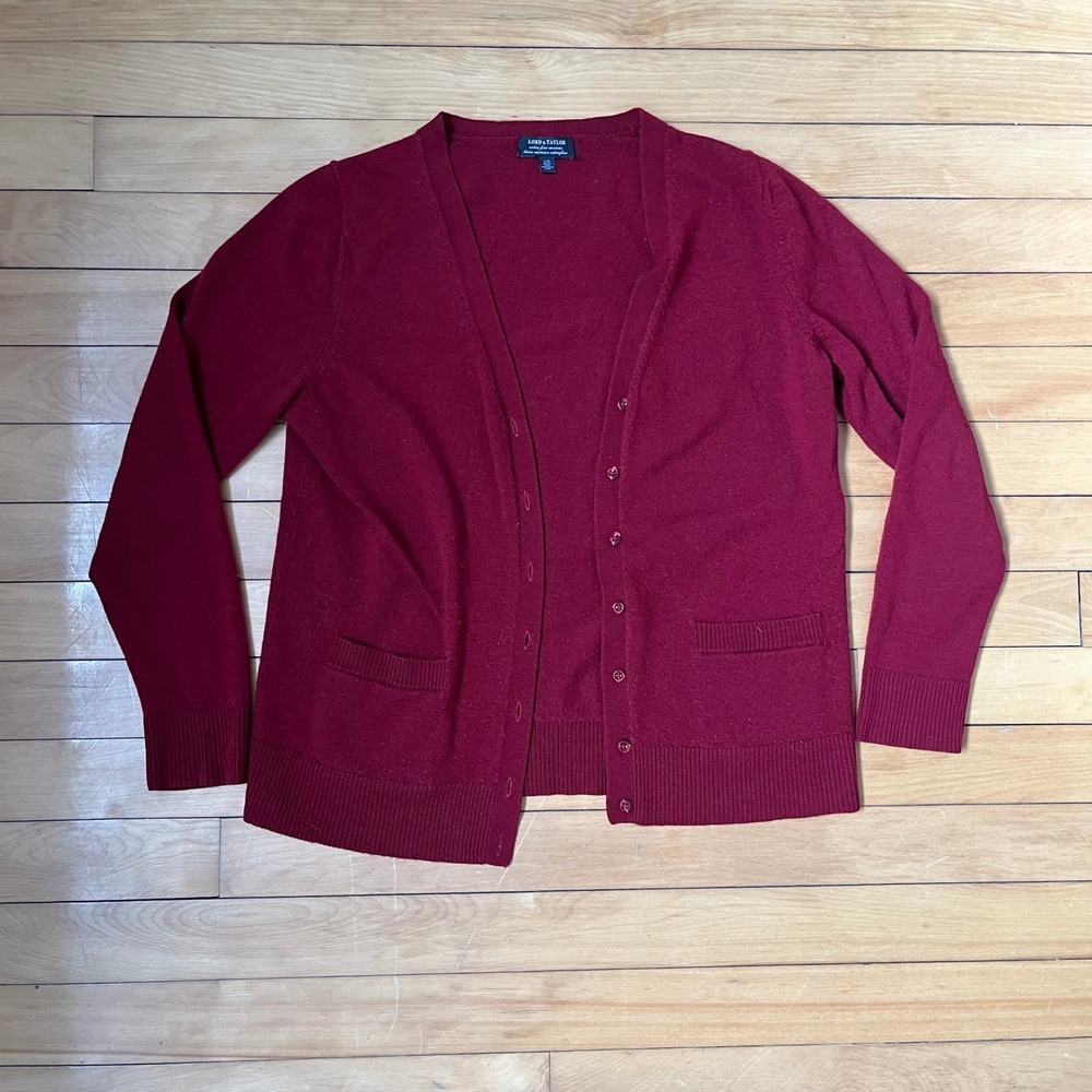 Lord & Taylor Burgundy Extra Fine Merino Wool Button Front Cardigan Sweater Red
